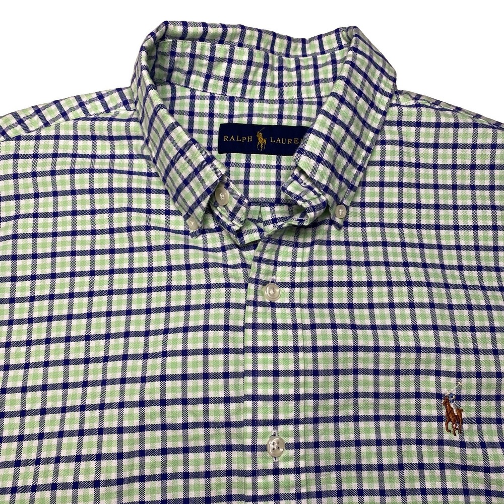 Ralph Lauren Pinpoint Oxford M Blue Green Plaid Flesh Pony Preppy
